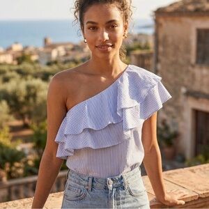 White House Black Market Blue and White Striped One-Shoulder Ruffle Top
